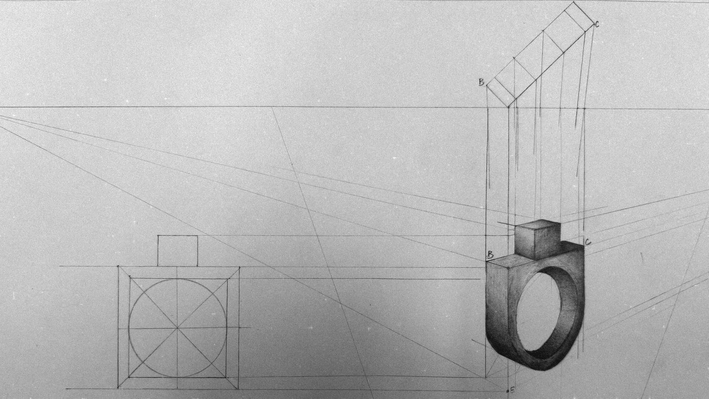 Dessin au crayon d'une bague à plateau carré, construite en perspective à partir d'un plan et de lignes de fuite.