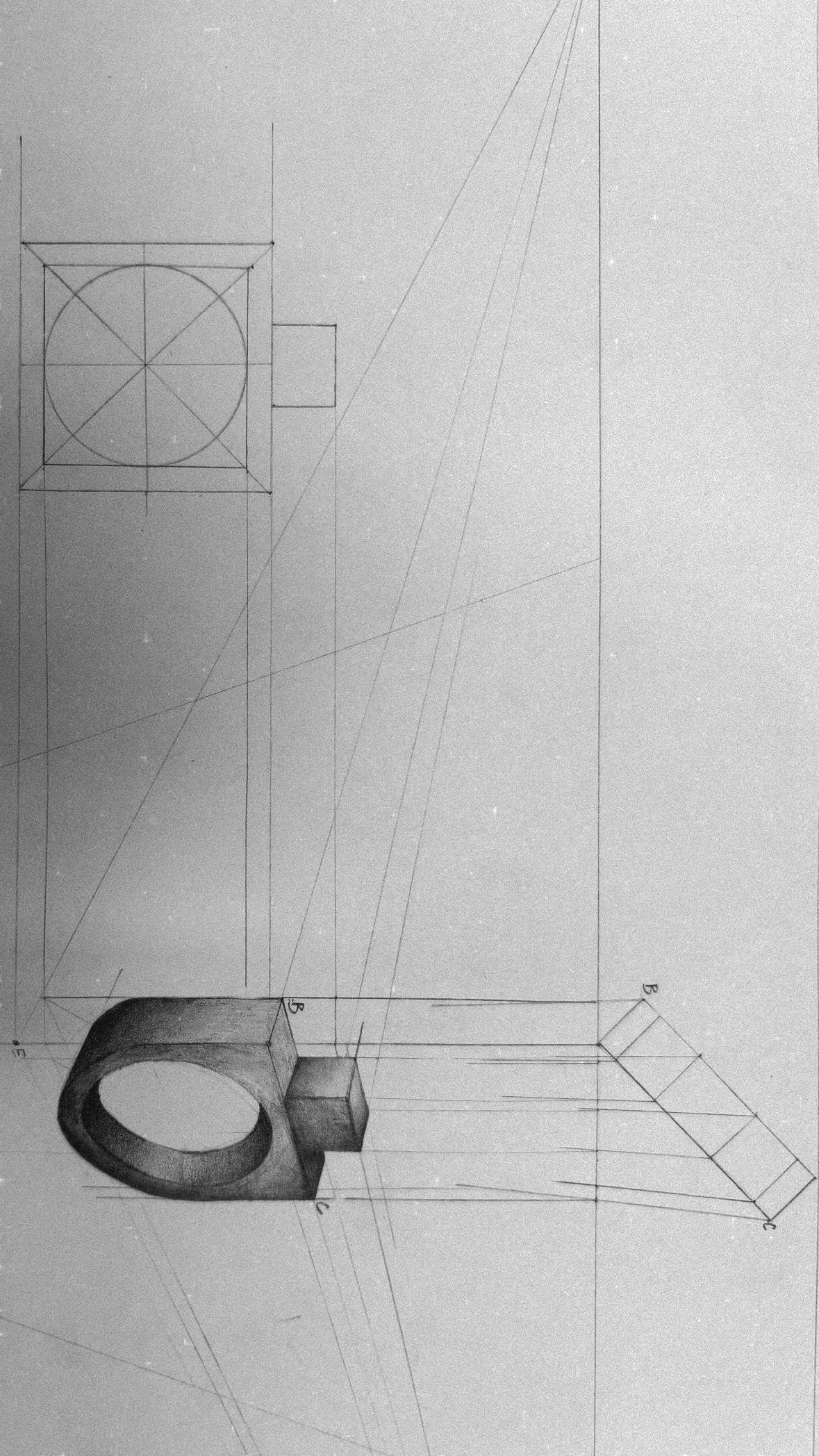 Dessin au crayon d'une bague à plateau carré, construite en perspective à partir d'un plan et de lignes de fuite.