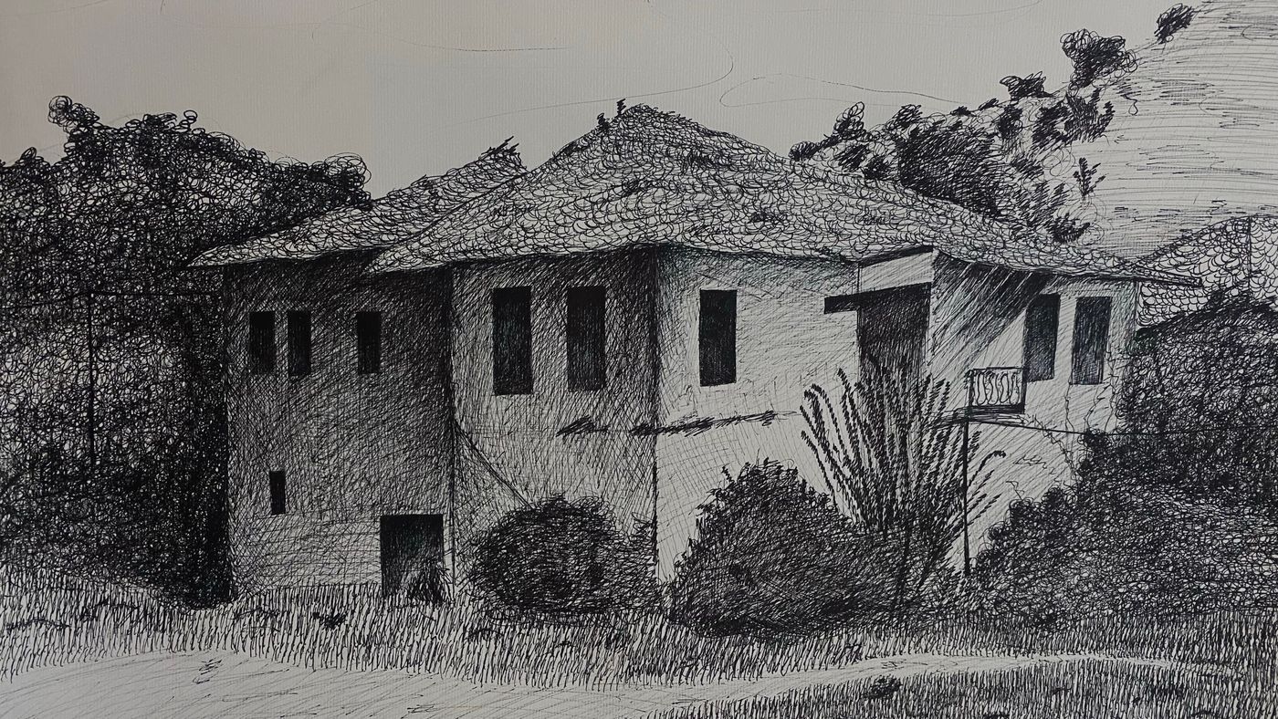 Dessin à l'encre d'une maison entre des arbres, feuillages en traits serrés, ciel laissé blanc.